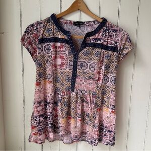 RXB Pink and Blue Patterned V Neck Top